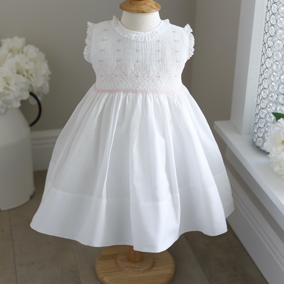 Girls White Dress Smocked Size 9 Month Feltman Brothers Pink Embroidery NWOT - Picture 5 of 7